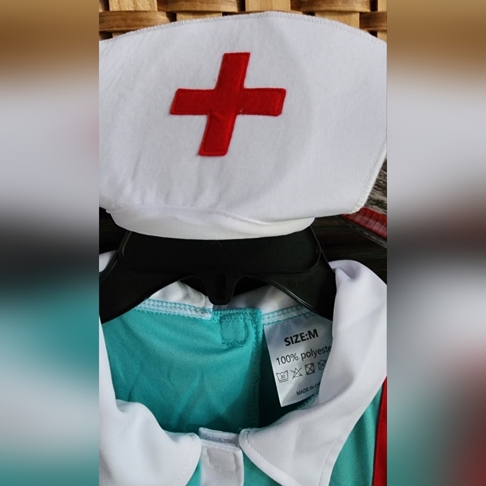 Women's Teal Nurse Halloween Costume with Blood Stains - Picture 3 of 9